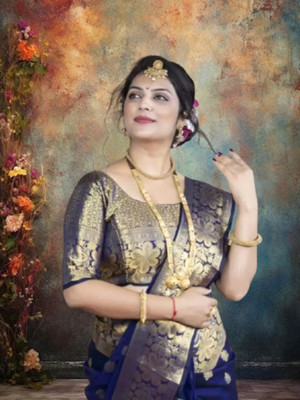 Jayu Printed Banarasi Jacquard, Pure Silk Saree(Blue, Gold)