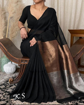 LDma Self Design, Temple Border Handloom Cotton Blend Saree(Black)