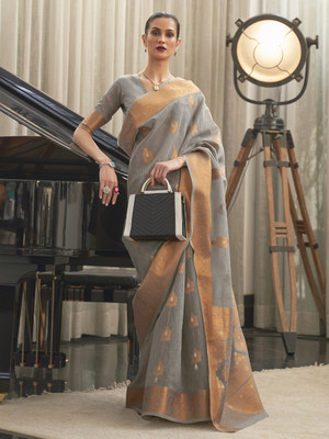 Divastri Floral Print Banarasi Linen Saree(Grey)