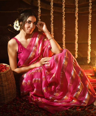 Lakshmi Boutique Woven, Self Design, Striped Bollywood Mulmul, Cotton Silk Saree(Pink, Gold)