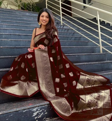 Tejocreation Floral Print Banarasi Jacquard Saree(Maroon)