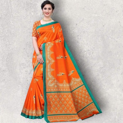 Grubstaker Printed Banarasi Tussar Silk Saree(Orange)