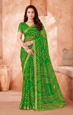 TIARAA Geometric Print Bollywood Chiffon Saree(Green)