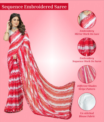 Styli-Nar Creation Printed, Digital Print, Striped, Self Design, Embroidered Bollywood Georgette Saree(Red)