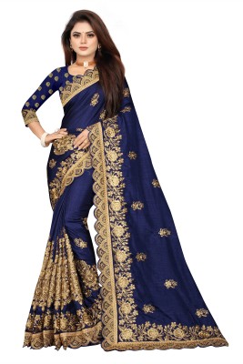 JSVP FAB Self Design Bollywood Silk Blend Saree(Dark Blue)