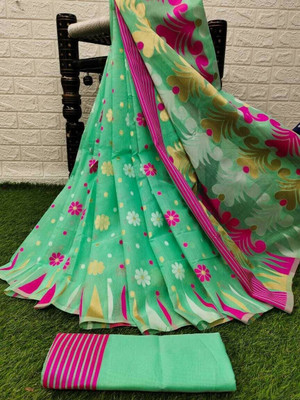 Bansari Textiles Woven Banarasi Jacquard, Cotton Silk Saree(Light Green)