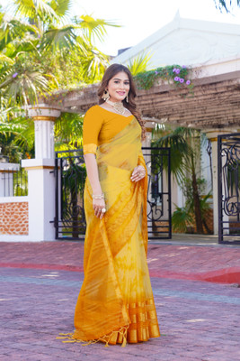 Aarunika BS Self Design Bollywood Organza Saree(Yellow)