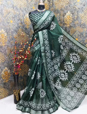 MANSIENTERPRIS Printed Daily Wear Linen Saree(Green)