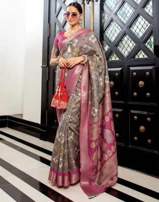 Satrani Floral Print Patola Cotton Silk Saree(Grey, Pink)
