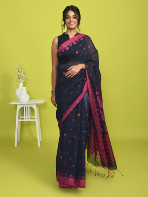 Indethnic Woven Jamdani Cotton Blend Saree(Dark Blue)