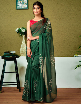 all about you Floral Print, Geometric Print, Printed Sambalpuri Chanderi, Cotton Blend Saree(Green)