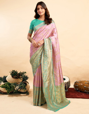 all about you Woven, Self Design Banarasi Silk Blend Saree(Blue, Pink)