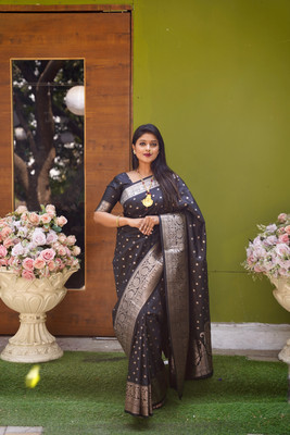 rendol Woven, Self Design Banarasi Jacquard Saree(Black)