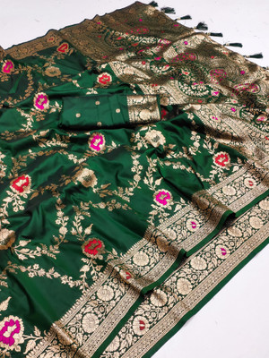 PANZORA Printed Banarasi Cotton Silk Saree(Dark Green)