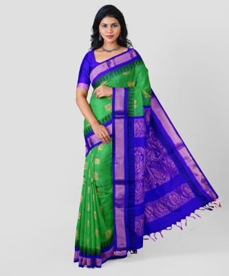 Uniqon Creations Embellished Kota Doria Cotton Silk Saree(Light Green, Blue)