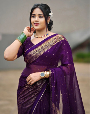 Samah Printed, Embellished Bollywood Georgette, Chiffon Saree(Purple, Gold)