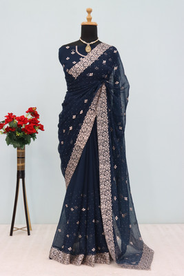 SHUBHDRASHTI NX Embroidered Bollywood Organza Saree(Dark Blue)