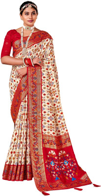 Akhilam Woven Patola Silk Blend Saree(Beige)