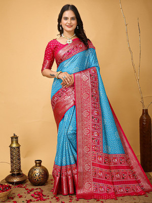 Anouk Rustic Printed Patola Silk Blend Saree(Blue)