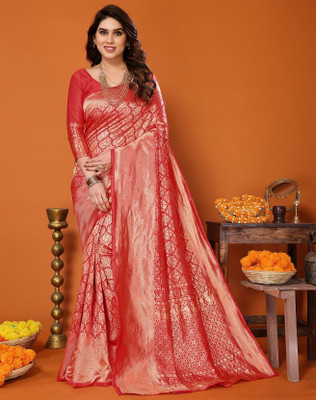 YASHIKA Printed Kanjivaram Silk Blend Saree(Red)