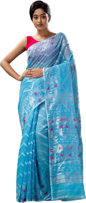 basak creation Woven Jamdani Cotton Blend Saree(Blue)