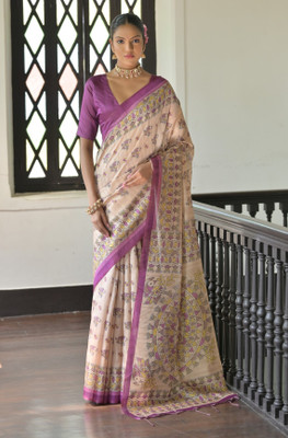 Tasrika Printed Madhubani Tussar Silk Saree(Beige, Purple)