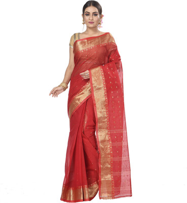 DipDiya Self Design Tant Cotton Blend Saree(Red)