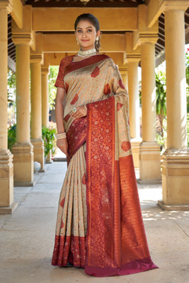 Handsel Woven Banarasi Jacquard, Silk Blend Saree(Beige)