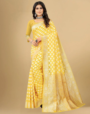 Samah Woven, Embellished, Self Design Banarasi Cotton Blend Saree(Yellow, Silver)