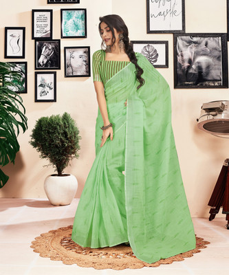 Samah Printed, Embellished, Striped Jamdani Cotton Blend Saree(Light Green)