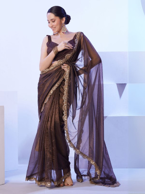 odette Self Design Saree with Attached Blouse Net Saree(Brown)