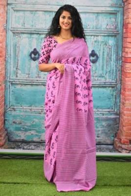 Handprint Printed Daily Wear Cotton Silk Saree(Pink, Black)