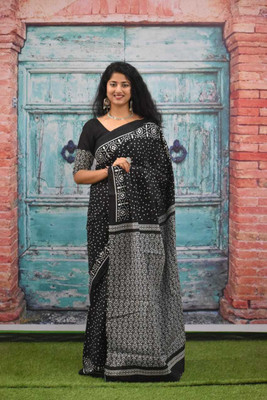 hastshilpi Printed, Color Block, Blocked Printed Daily Wear Pure Cotton Saree(Black)