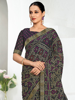 Anouk Rustic Printed Bandhani Chiffon Saree(Black)