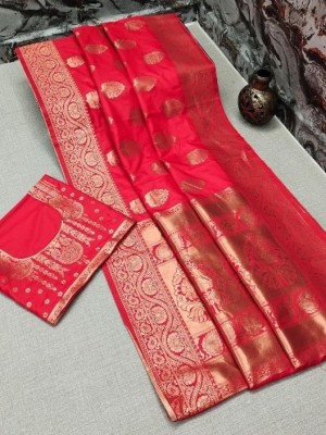 V V FASHION Embellished Banarasi Cotton Silk Saree(Red)