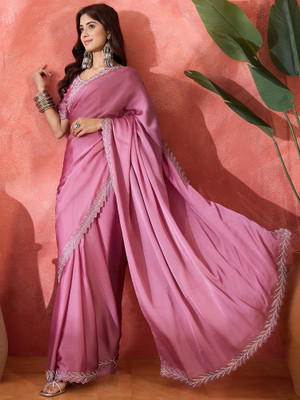 ShopGlobal Solid/Plain Daily Wear Chiffon Saree(Pink)