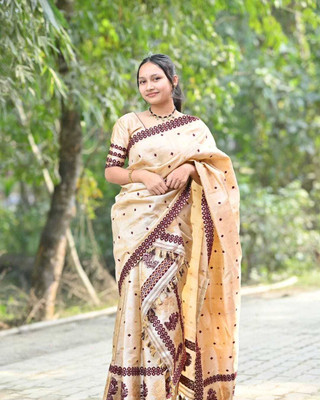 YASA CREATION Woven Mekhela Chador Pure Silk Saree(Cream)