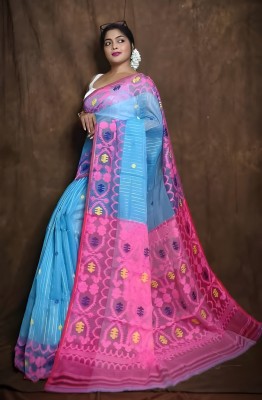 UR Affection Embroidered Jamdani Cotton Silk Saree(Light Blue, Pink)