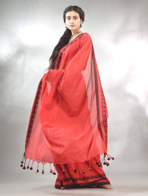 SAPTAK FASHION Solid/Plain Handloom Cotton Blend Saree(Red)