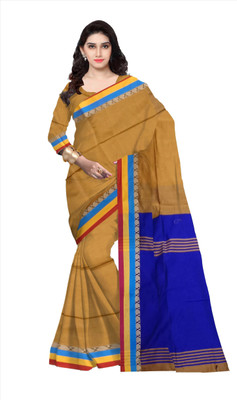 Pradip Fabrics Solid/Plain Bollywood Silk Blend Saree(Beige, Blue)