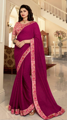 Hensi sarees shop Dyed, Ombre, Solid/Plain, Striped, Woven, Embellished Dharmavaram Georgette, Art Silk Saree(Pink)