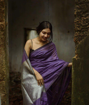HouseOfCommon Striped Banarasi Pure Silk Saree(Purple)