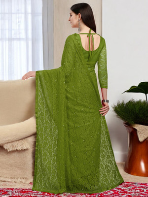 NexxaFashion Printed Banarasi Lycra Blend Saree(Green)