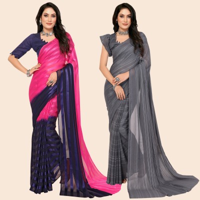 Anand Sarees Striped Bollywood Satin Saree(Pack of 2, Pink, Blue, Grey)