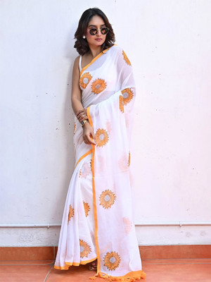 AMRUTKALA SAREES Printed Bollywood Cotton Linen Saree(White)