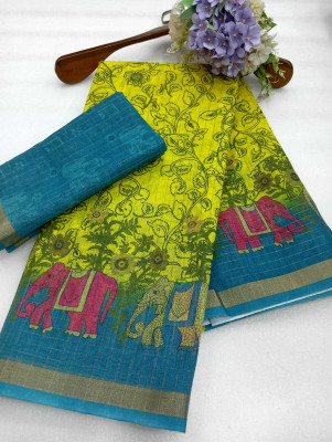 Saaransh Floral Print Kanjivaram Linen, Cotton Silk Saree(Yellow)