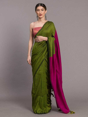 ROONG DHAGAA Solid/Plain Handloom Cotton Blend Saree(Green)