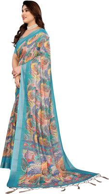 Myraani Floral Print Daily Wear Cotton Linen Saree(Multicolor)