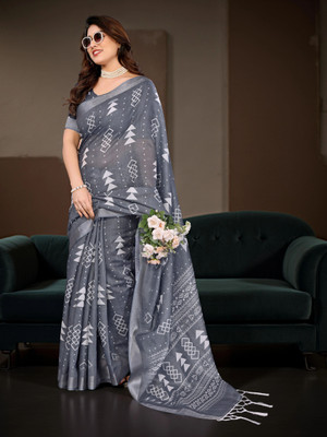Myraani Printed Daily Wear Cotton Linen Saree(Grey)