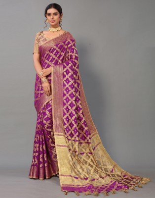 Satrani Woven, Embellished, Self Design Banarasi Cotton Silk, Jacquard Saree(Purple, Gold)